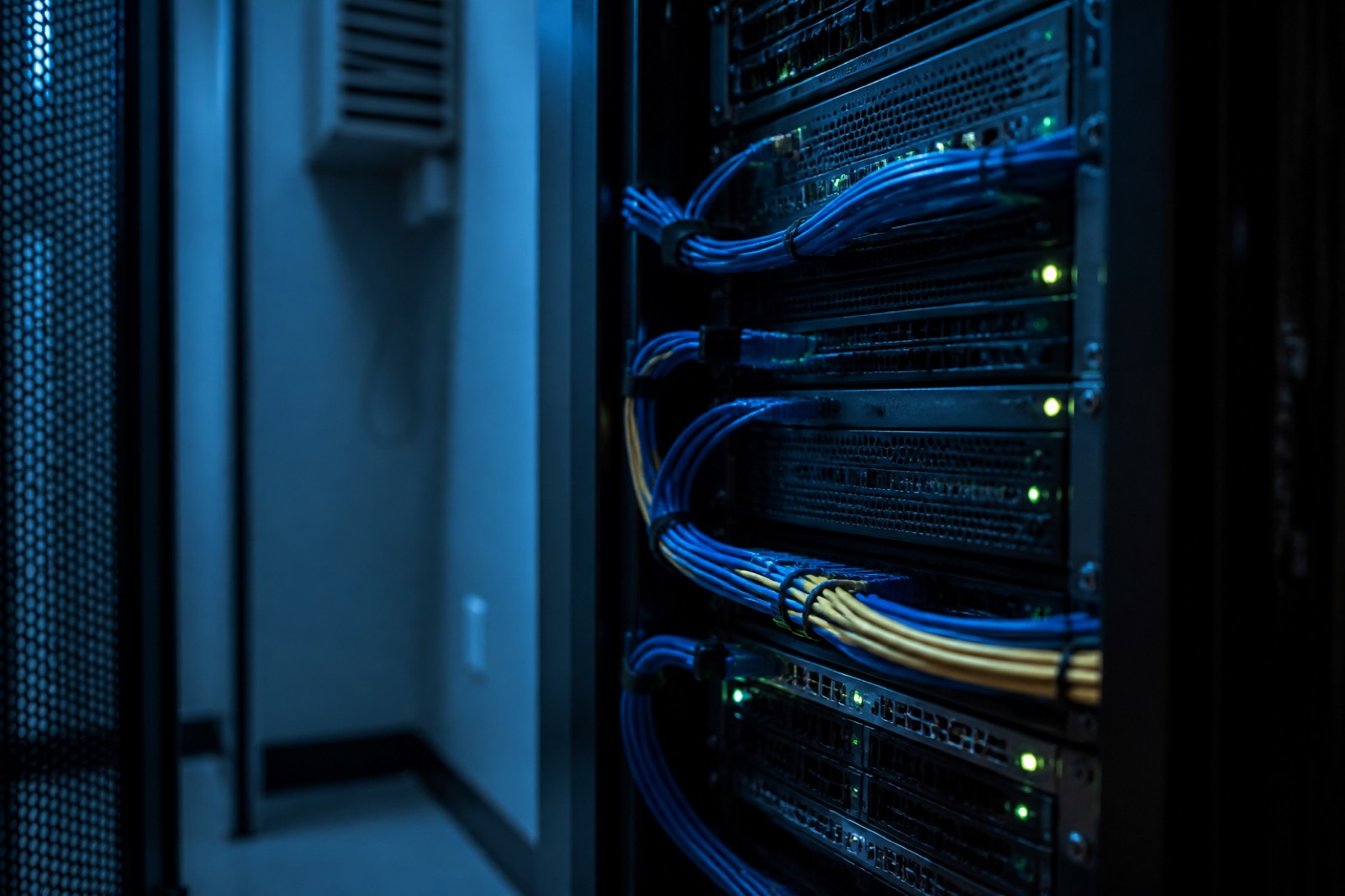 Server rack with neat cabling in a software company data closet