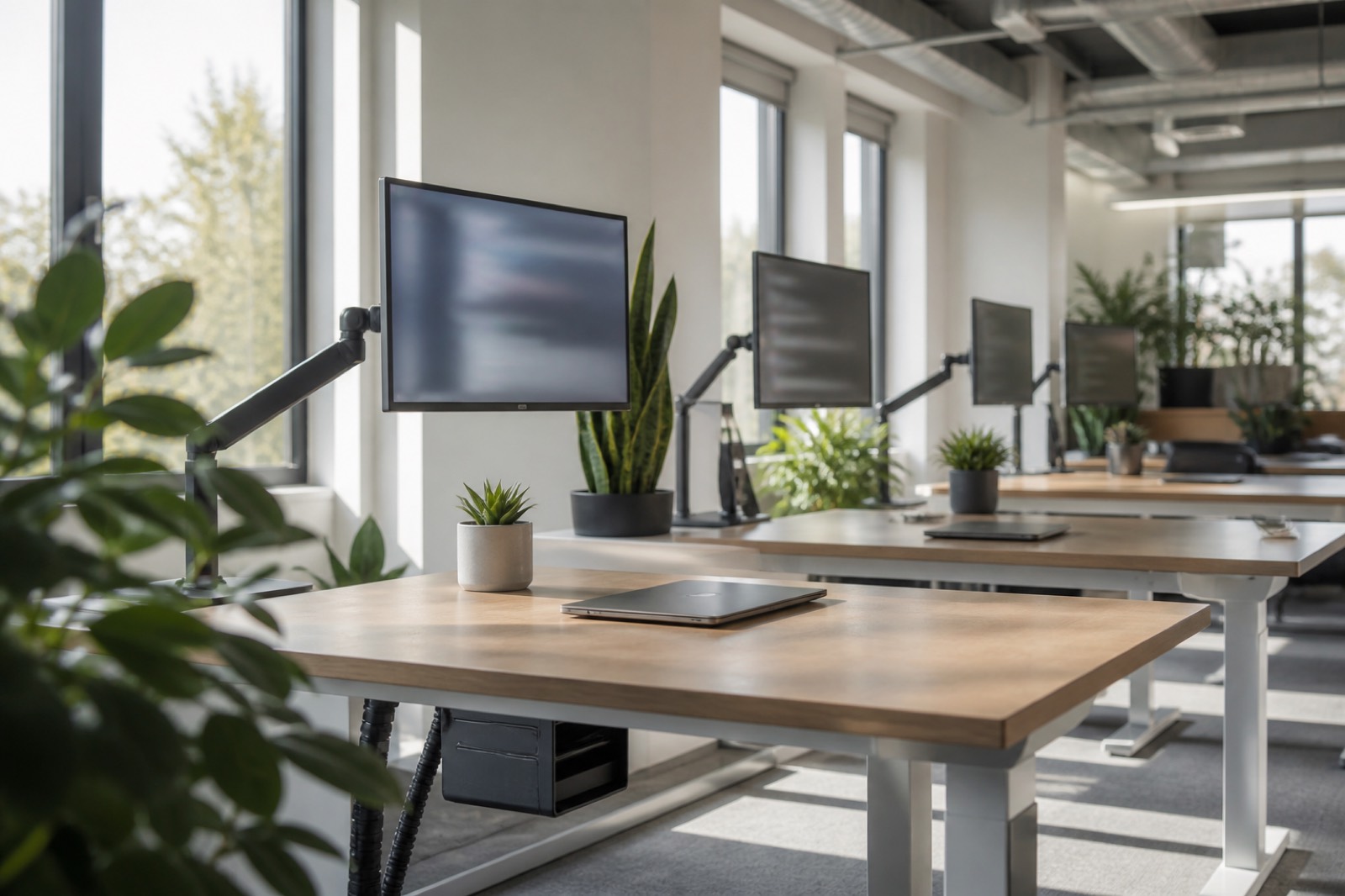 Modern software company office with standing desks and laptops