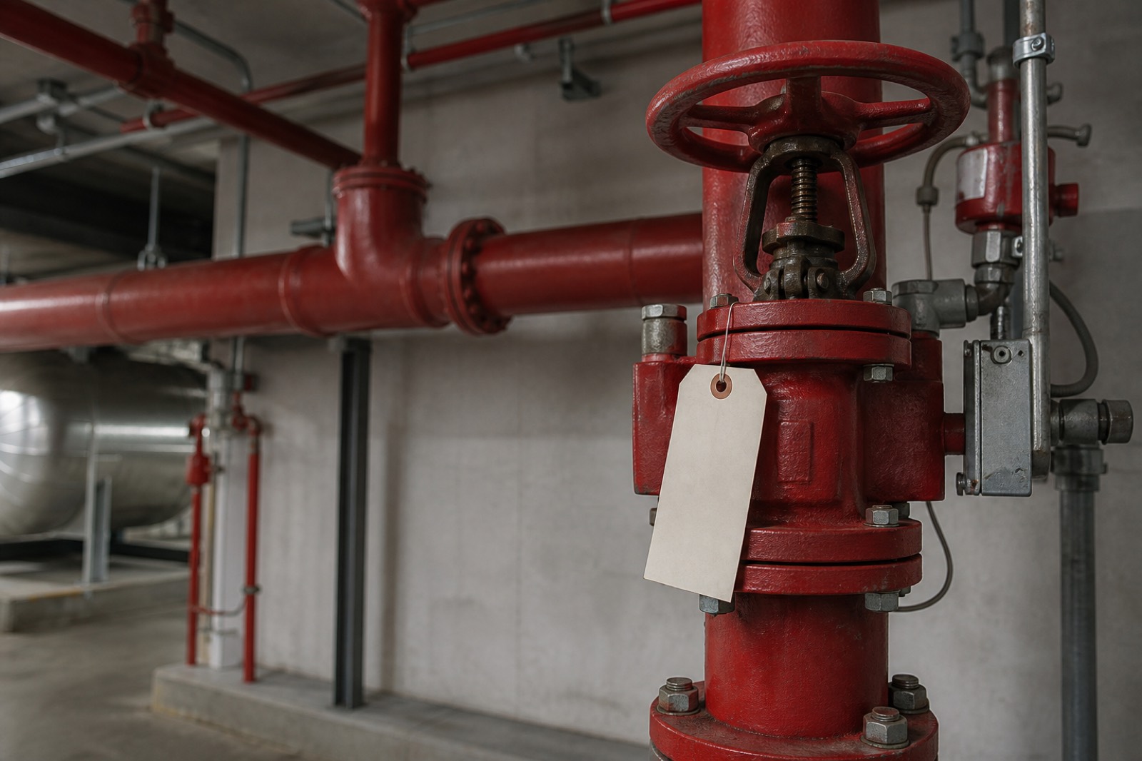 Sprinkler riser in a mechanical room, valued in a fire protection company for sale