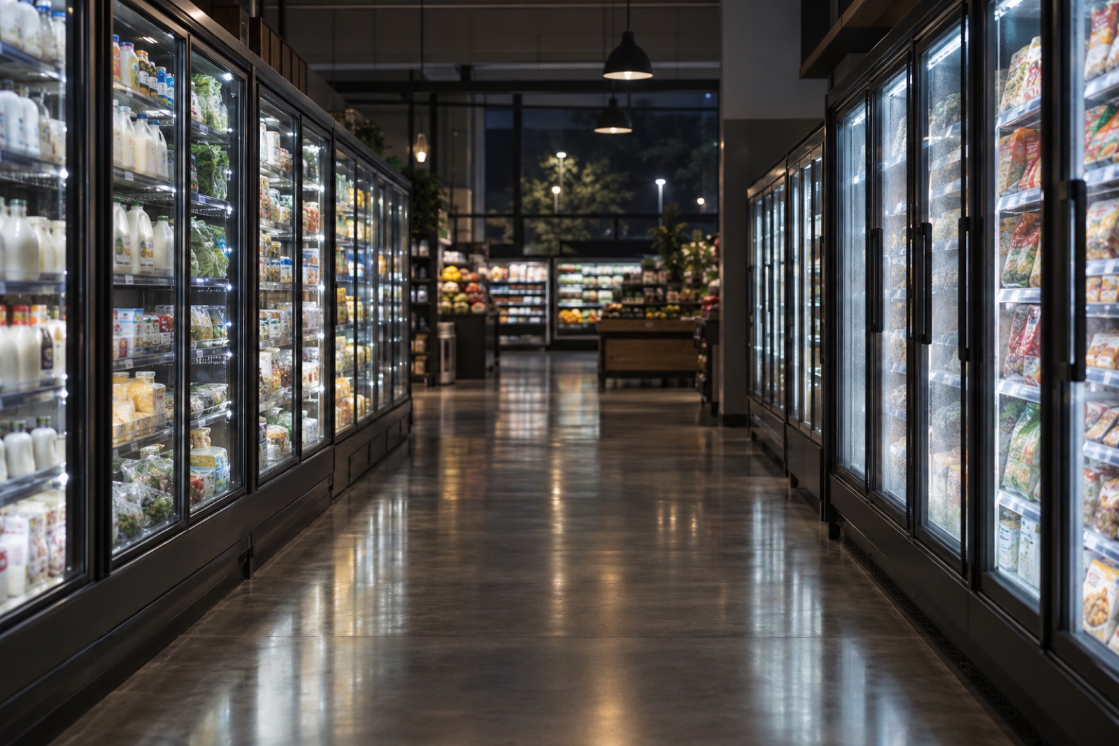 Refrigerated display cases along an empty grocery store aisle