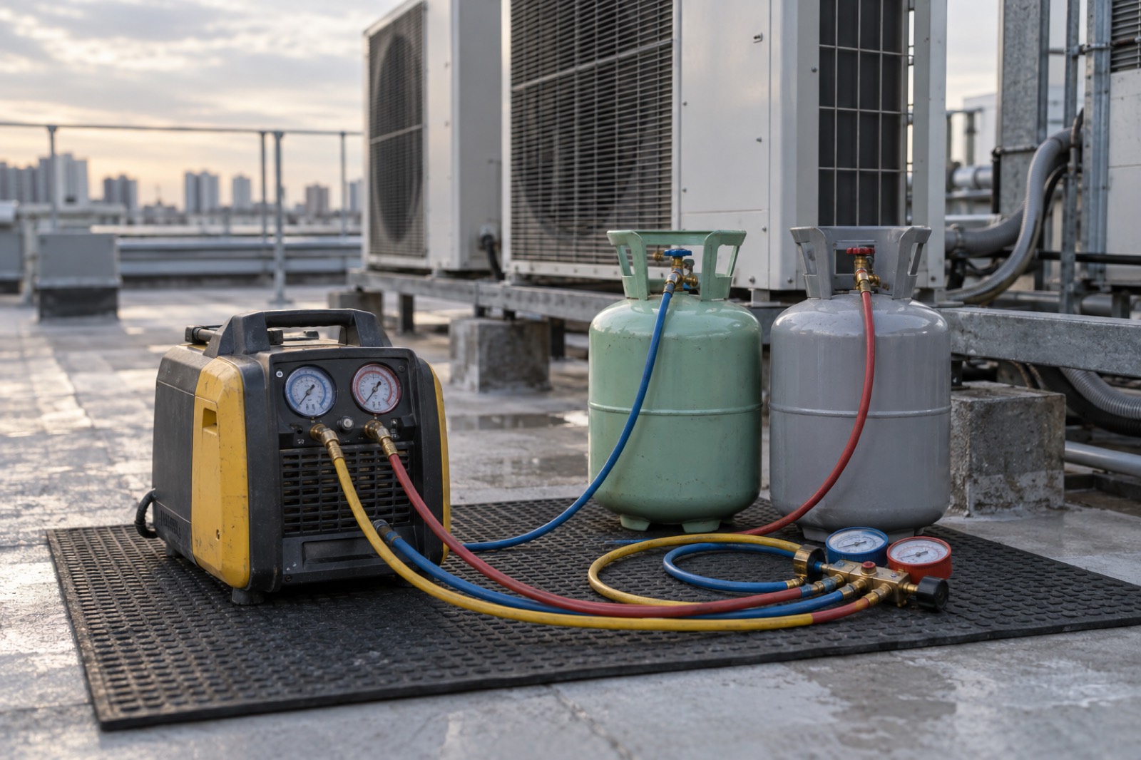 Refrigerant recovery cylinders and gauges beside rooftop condensing units