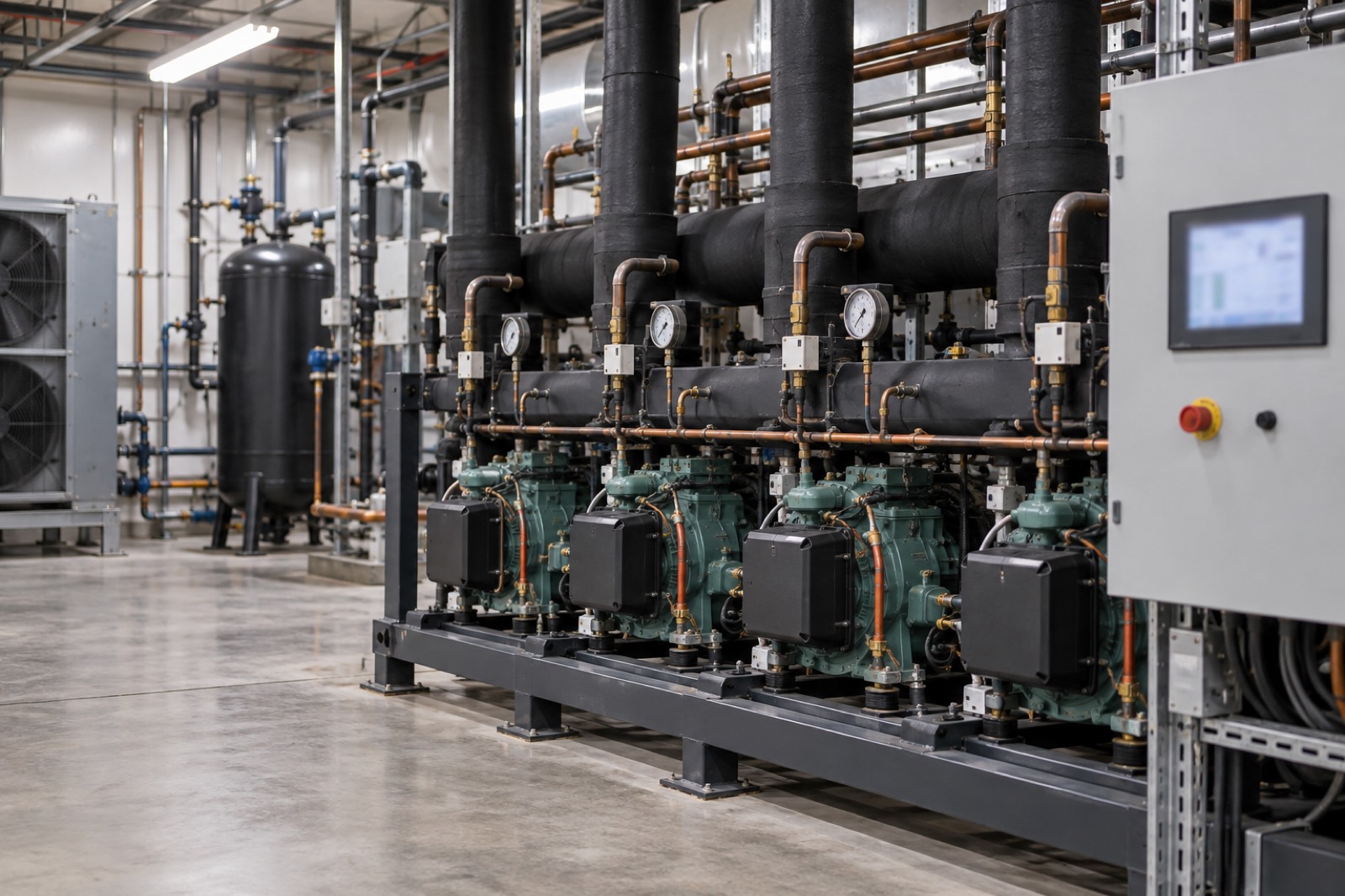Supermarket refrigeration compressor rack in a machine room, representing a commercial refrigeration business for sale
