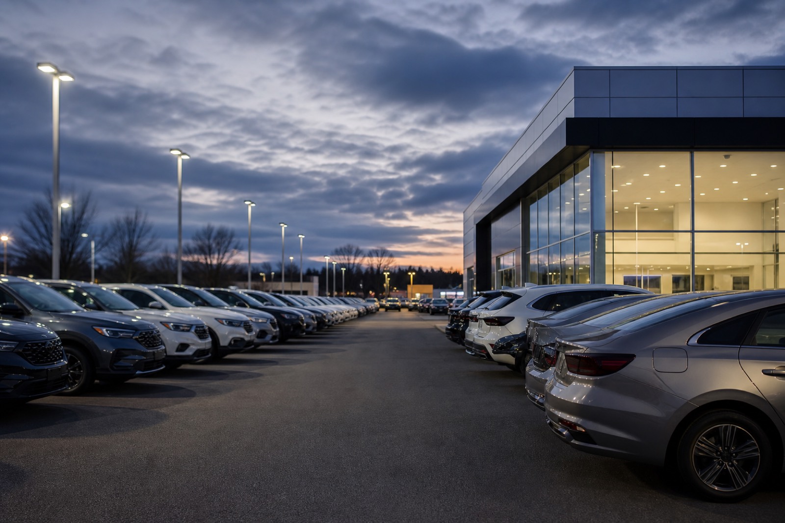Dealership lot at dusk when you sell a franchise dealership to consolidators