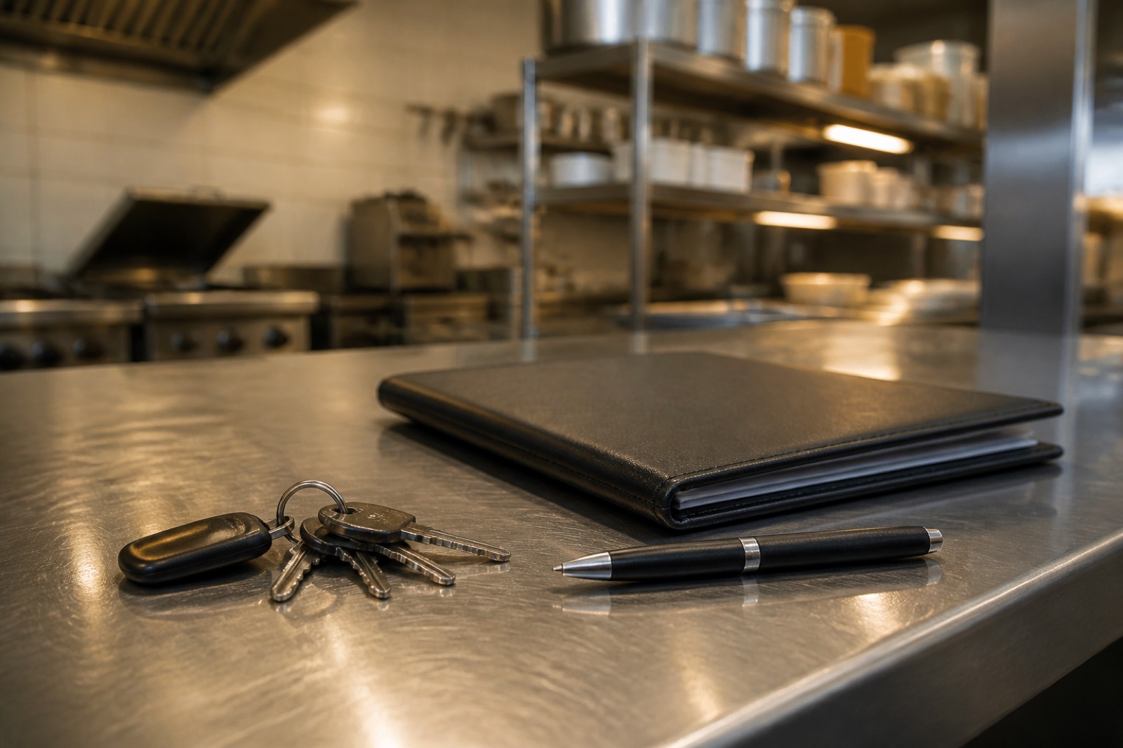 Keys and folder on a counter, marking the close when you sell your franchise business