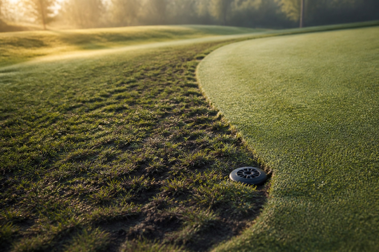 Worn green and irrigation head, deferred maintenance flagged when you sell a golf course