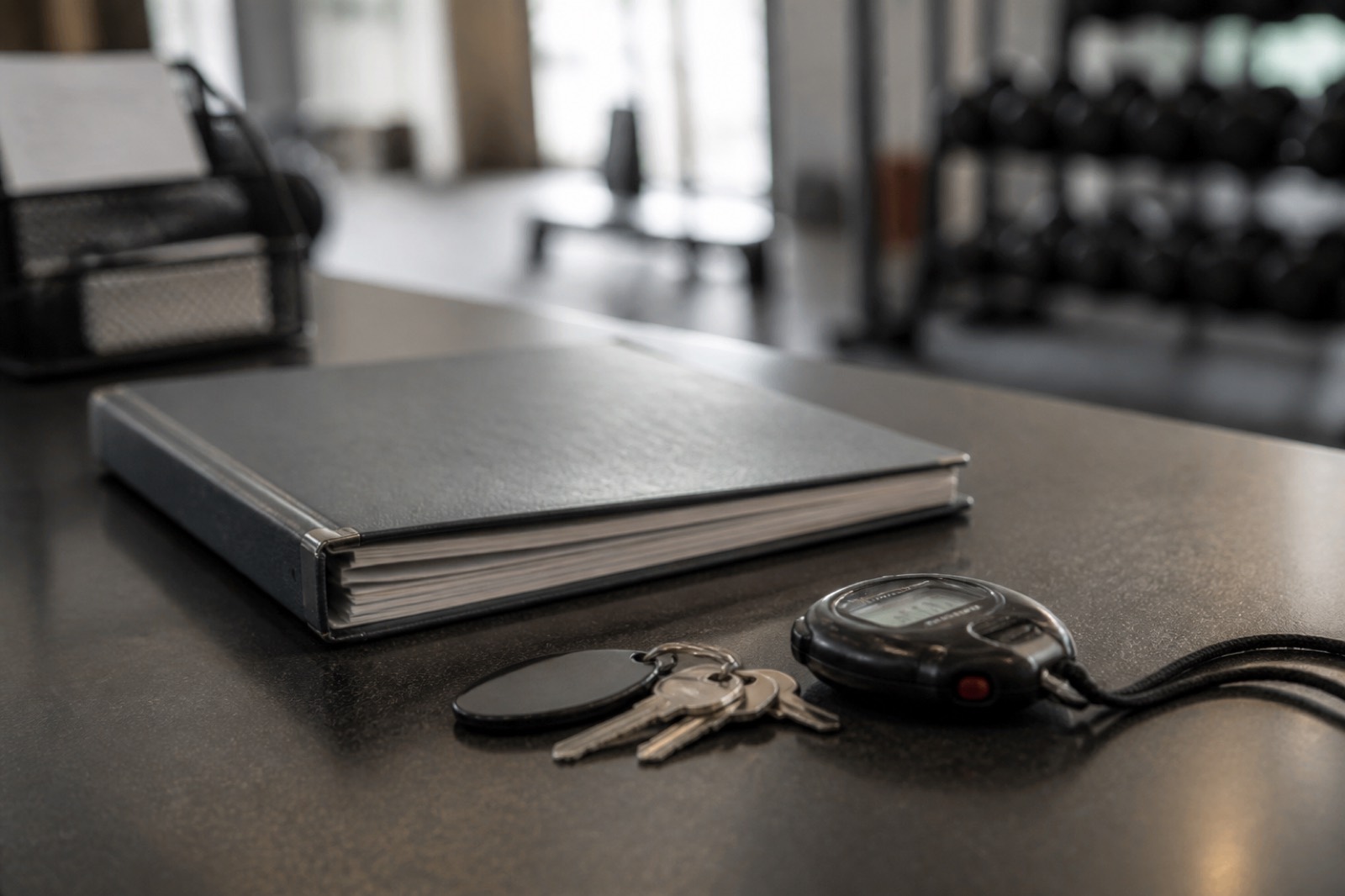 Gym office desk with keys and binder during the process to sell a gym