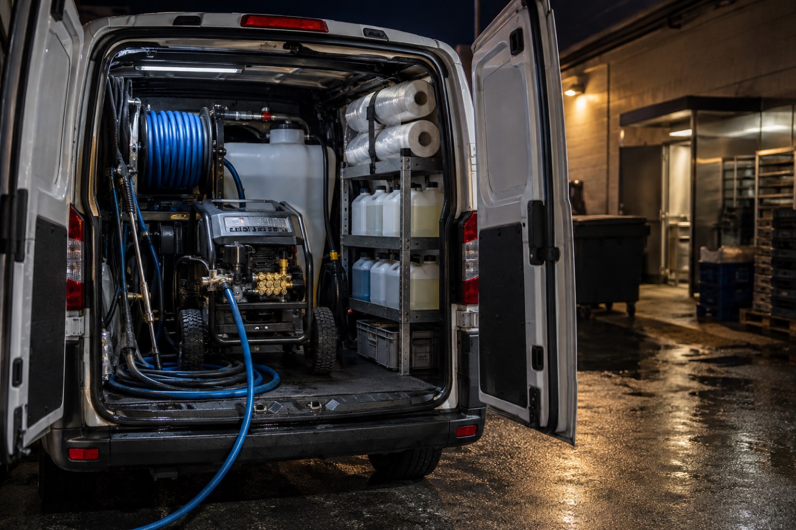 Hood cleaning service van loaded with pressure washing equipment