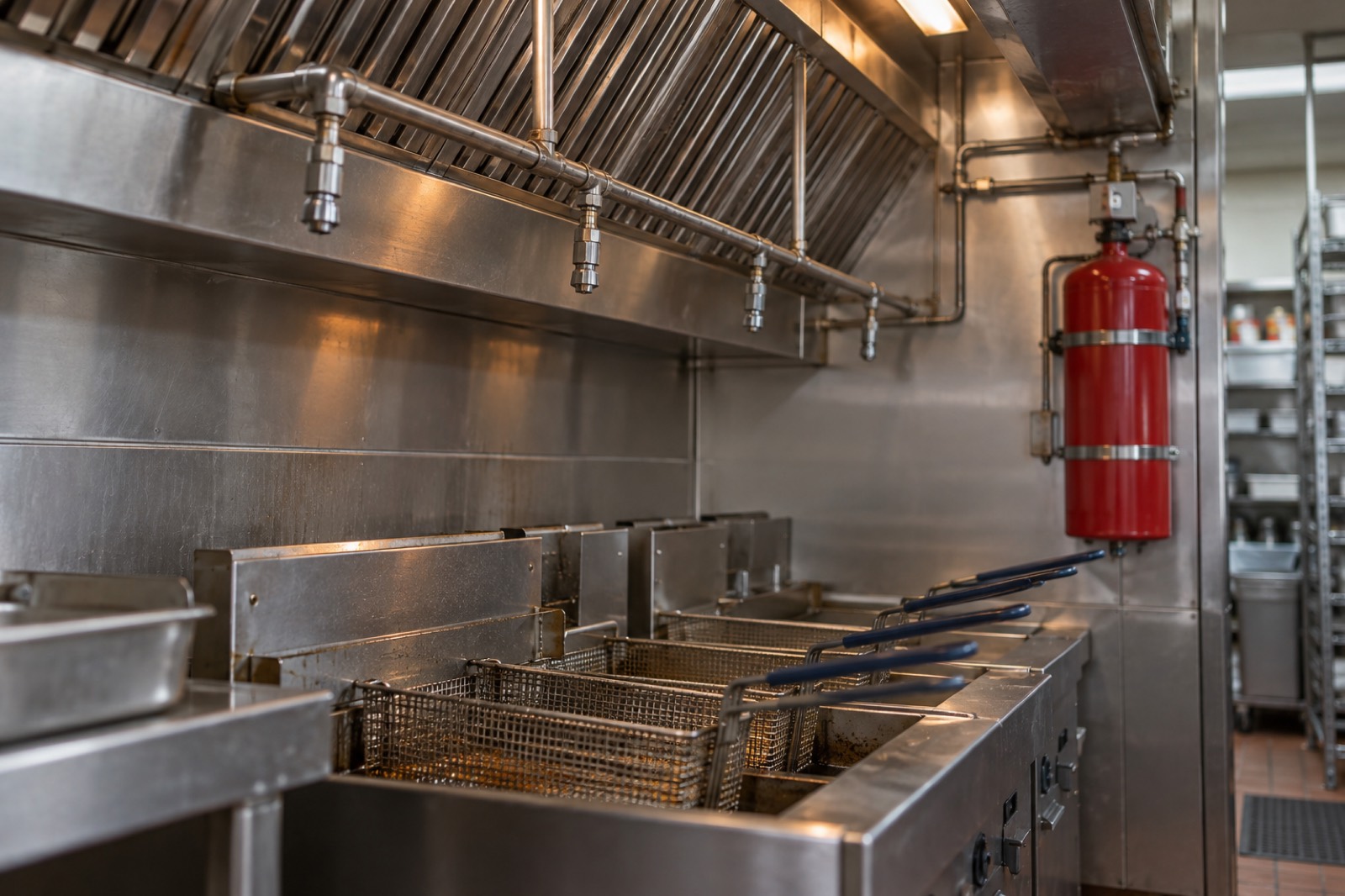 Wet chemical kitchen fire suppression nozzles above a fryer line