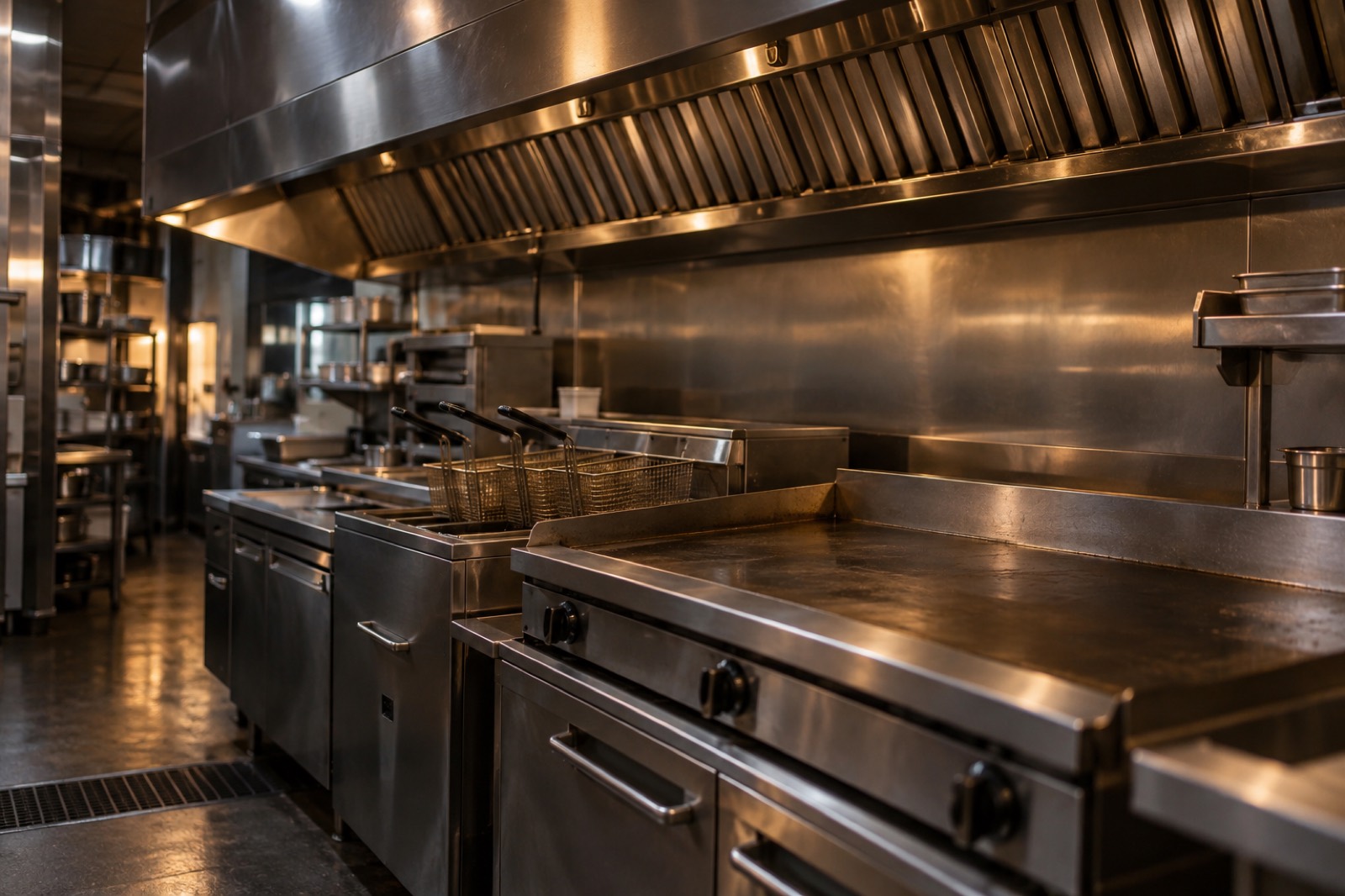 Stainless steel exhaust hood over a commercial cooking line, representing a hood cleaning business for sale