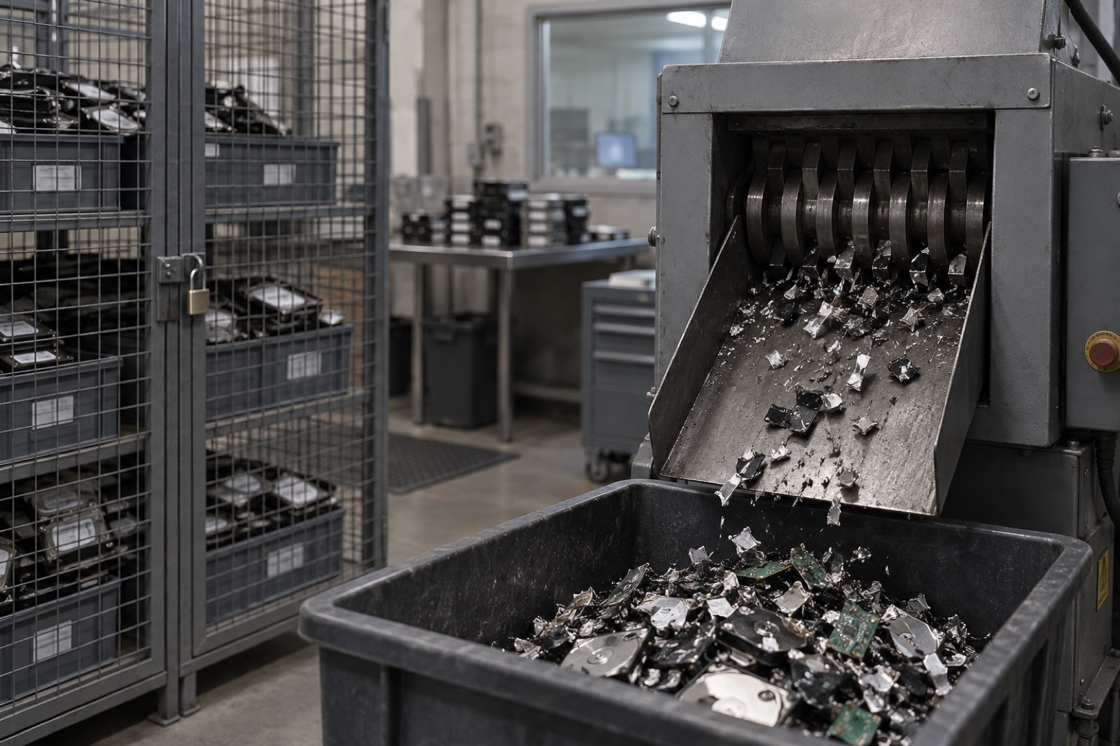 Hard drive shredder and caged storage area in an ITAD facility