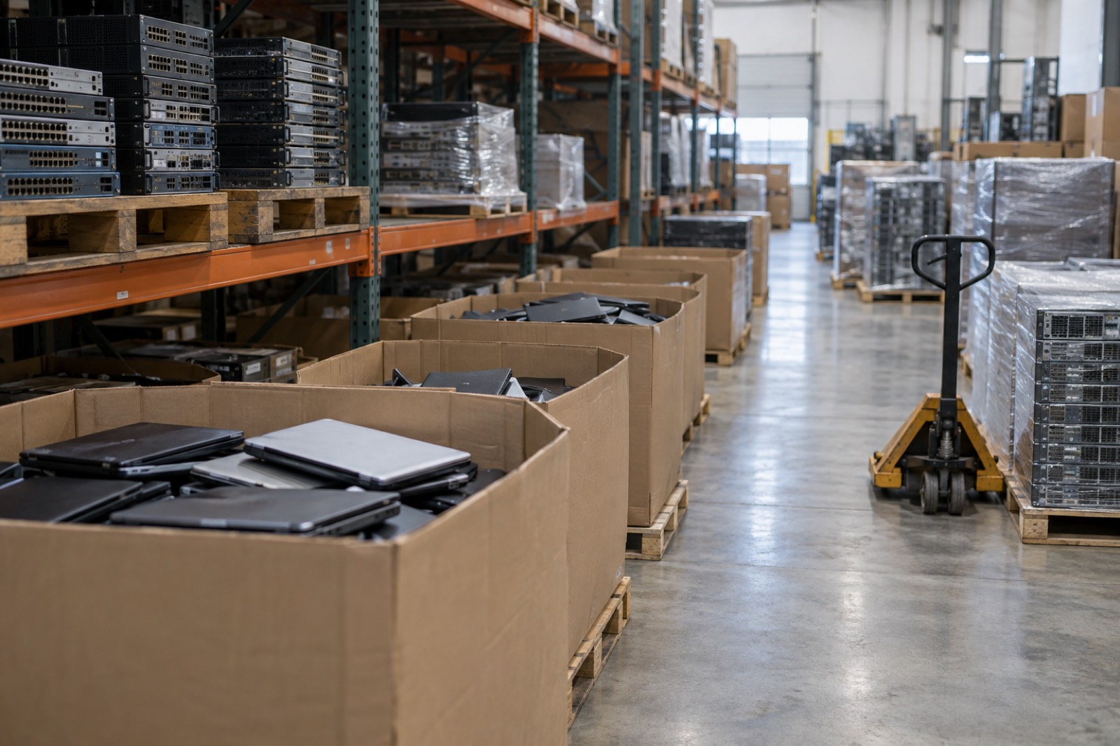Sorted laptops and servers on pallet racking in an IT asset disposition warehouse