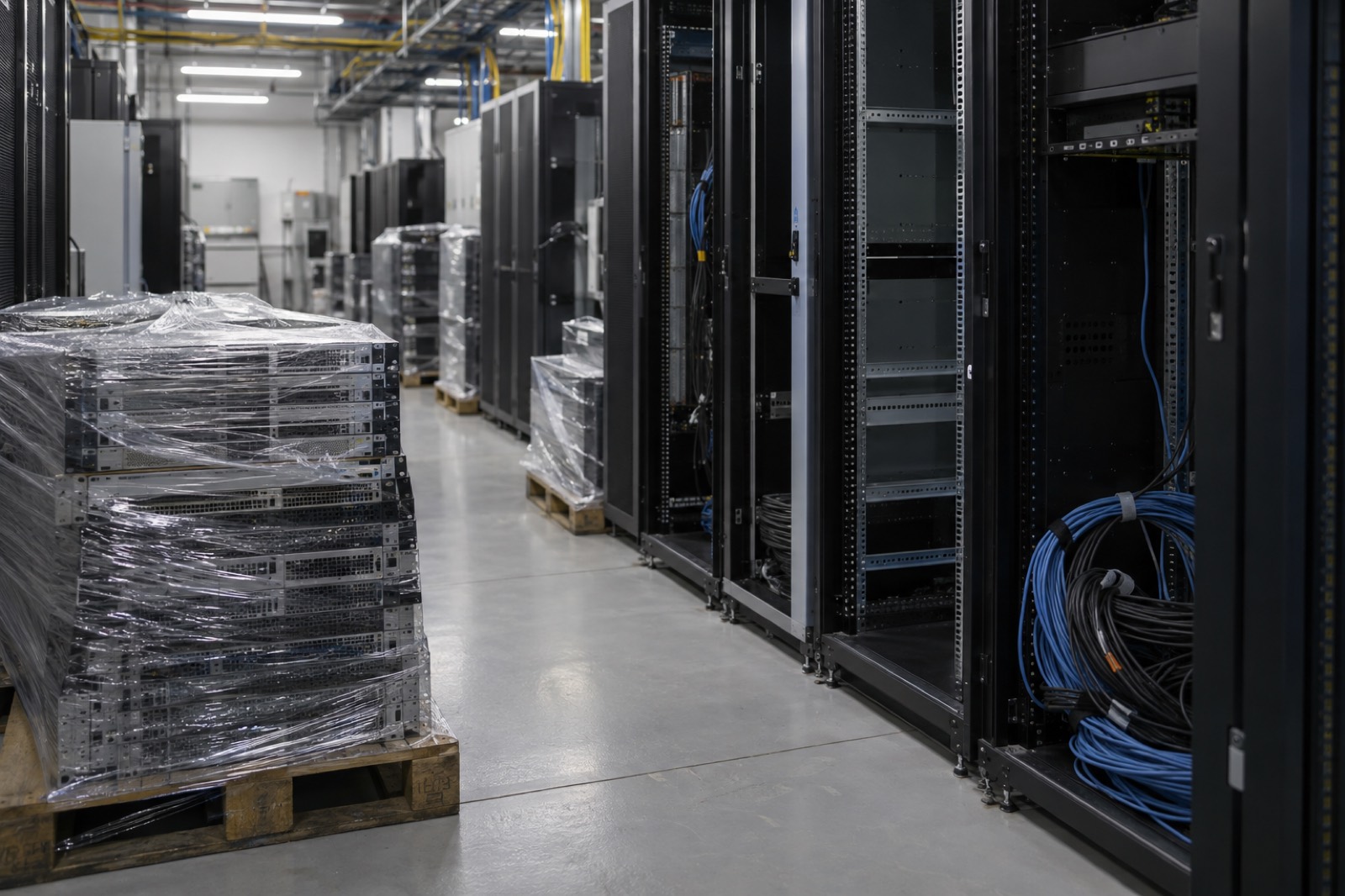 Decommissioned servers stacked on pallets in a data center, representing an ITAD business for sale