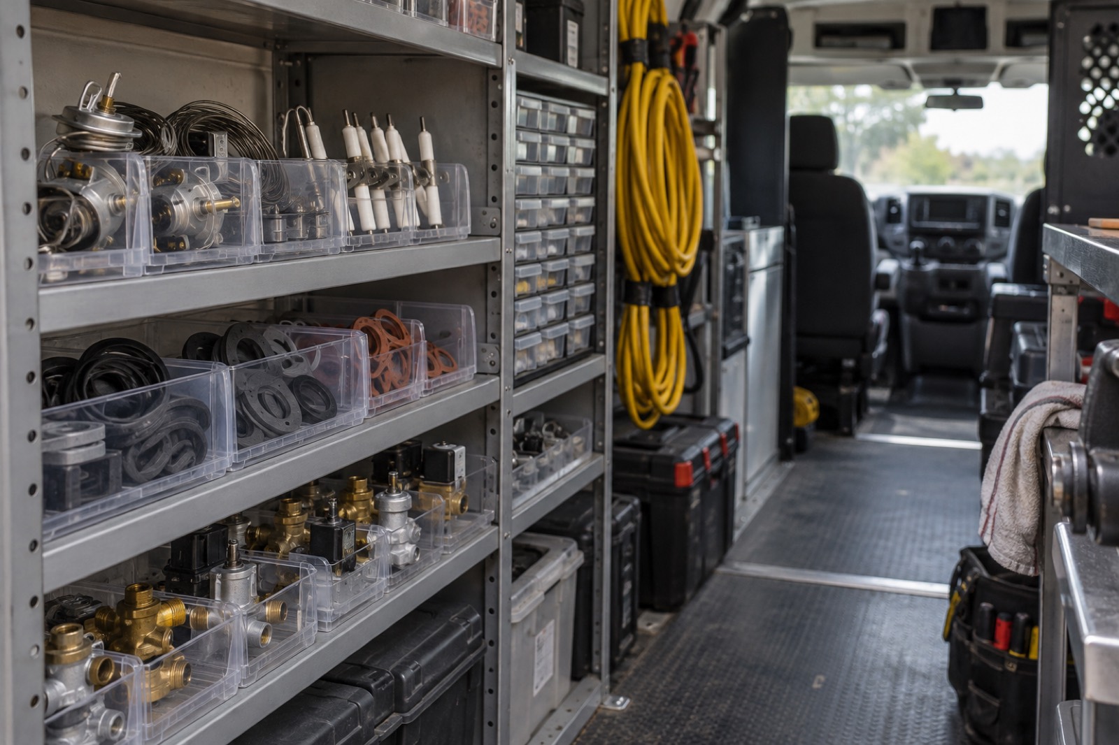 Service van shelving stocked with parts bins for commercial kitchen equipment