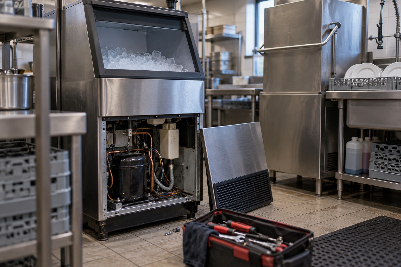 Commercial ice machine and dishmachine in a restaurant back of house