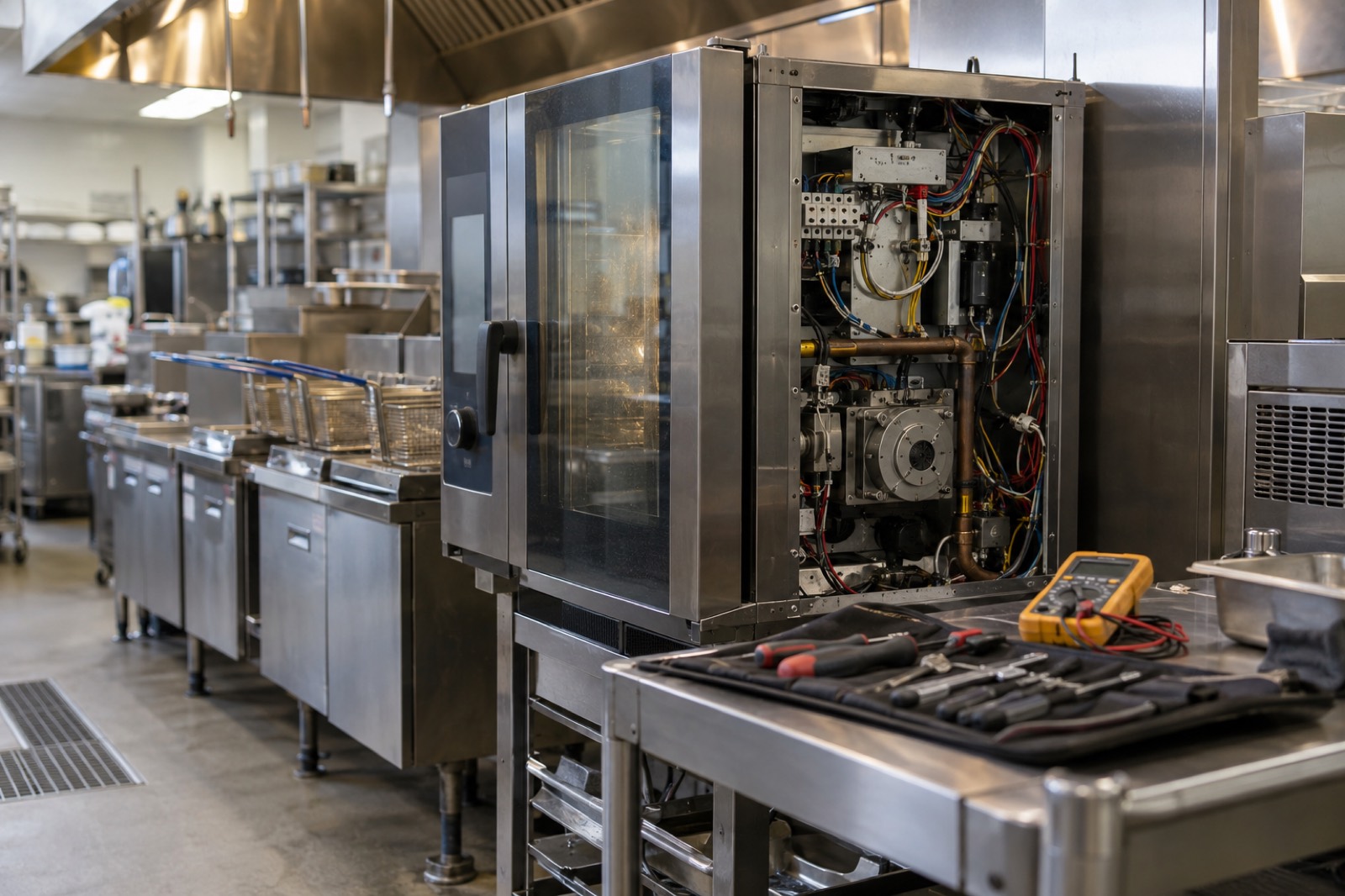 Combi oven with its service panel open in a commercial kitchen, representing a kitchen equipment service business for sale