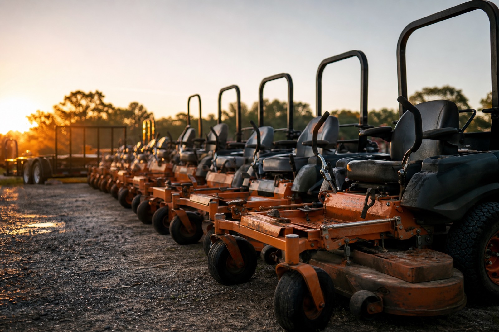 Mowers in an equipment yard, what buyers price when you sell a lawn care business