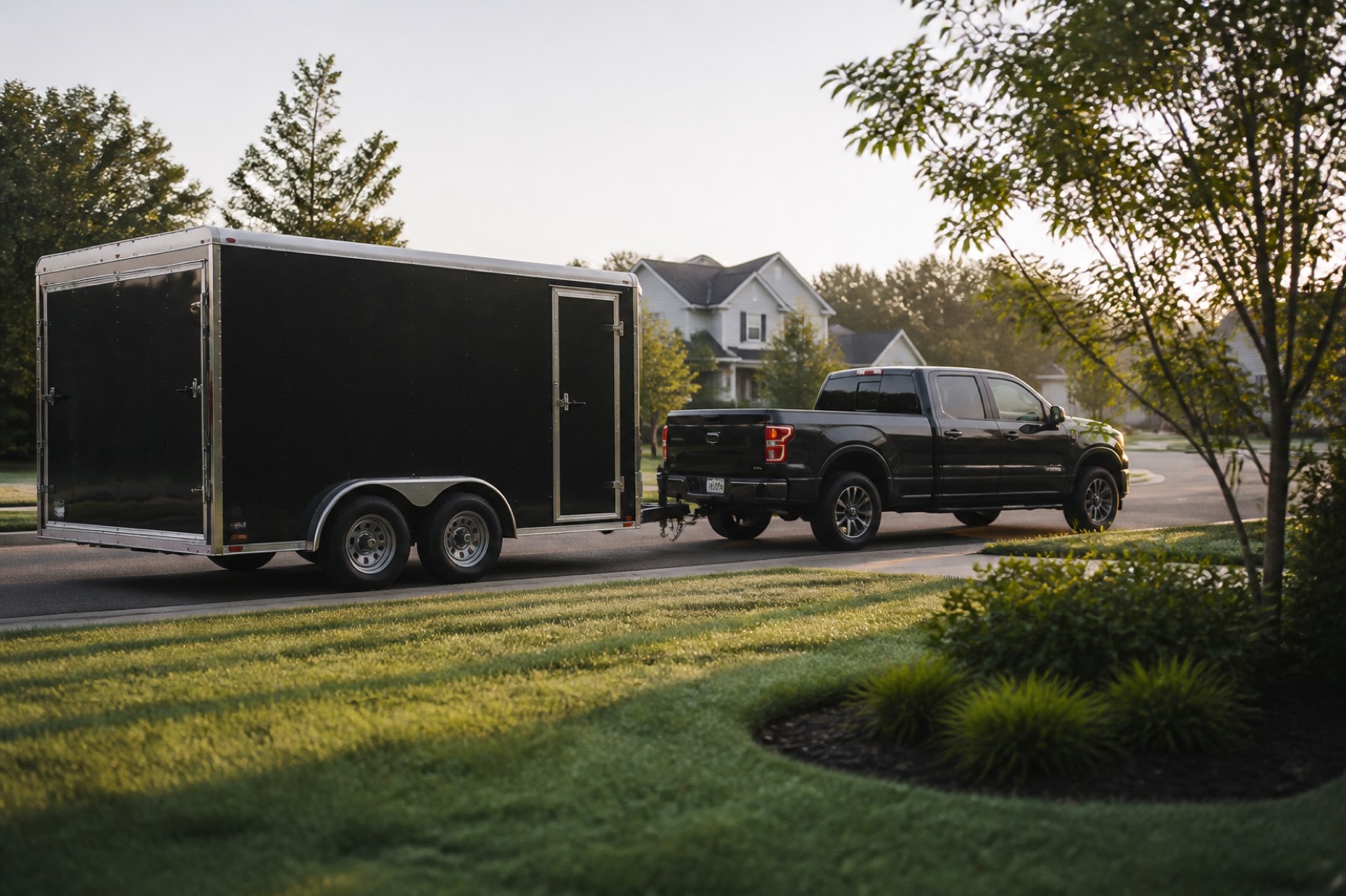 Truck and trailer by a mowed lawn during the process to sell a lawn care business