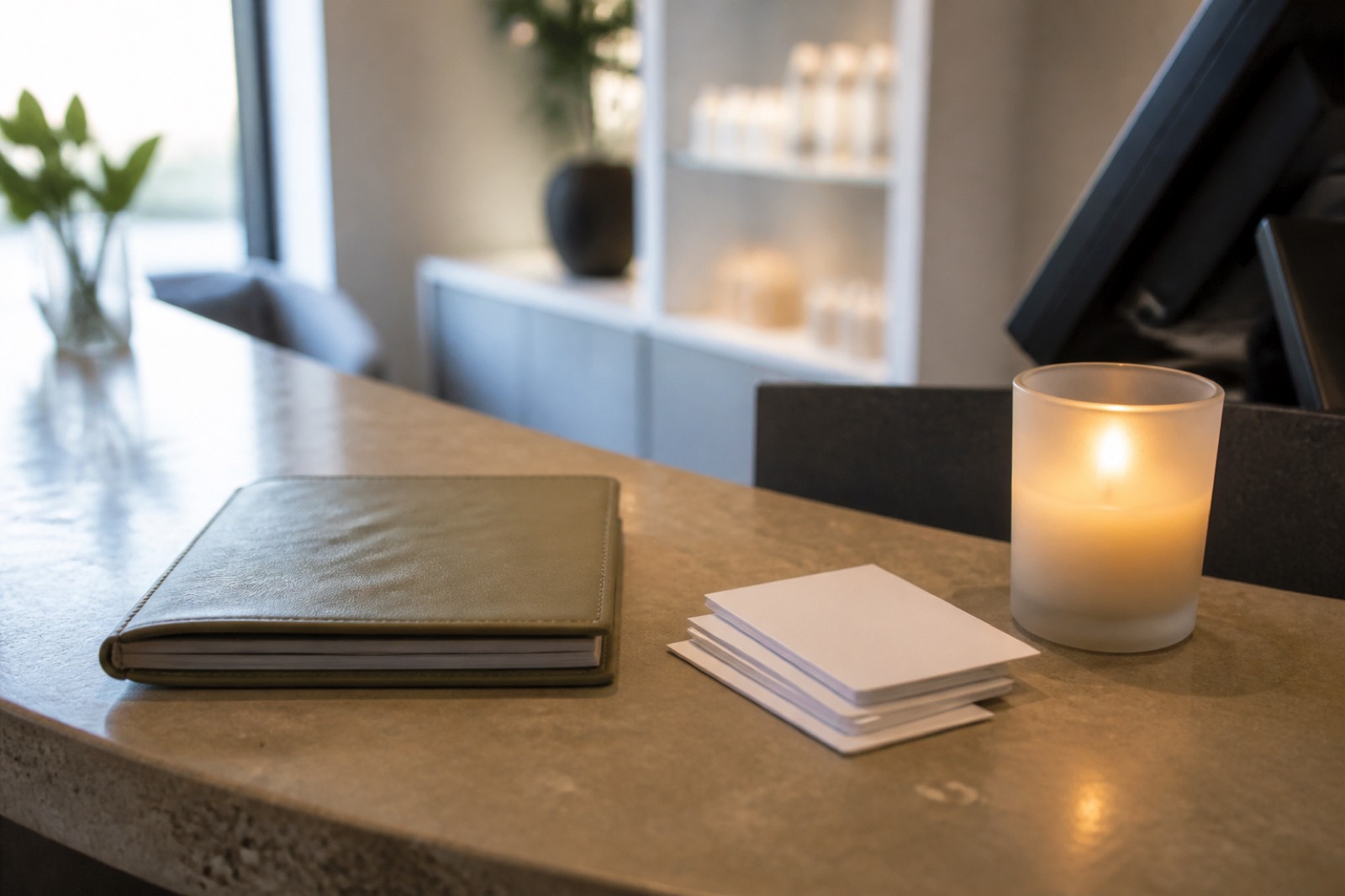 Reception desk with appointment book, part of how to sell a massage business