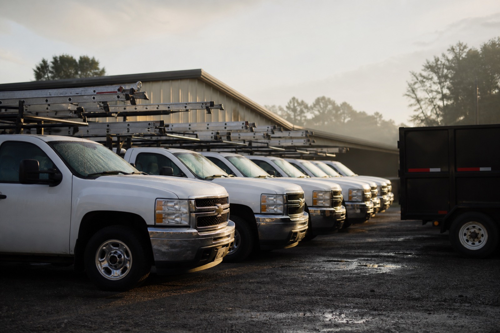 Roofing truck fleet in a yard, attractive to PE buyers when you sell my roofing company