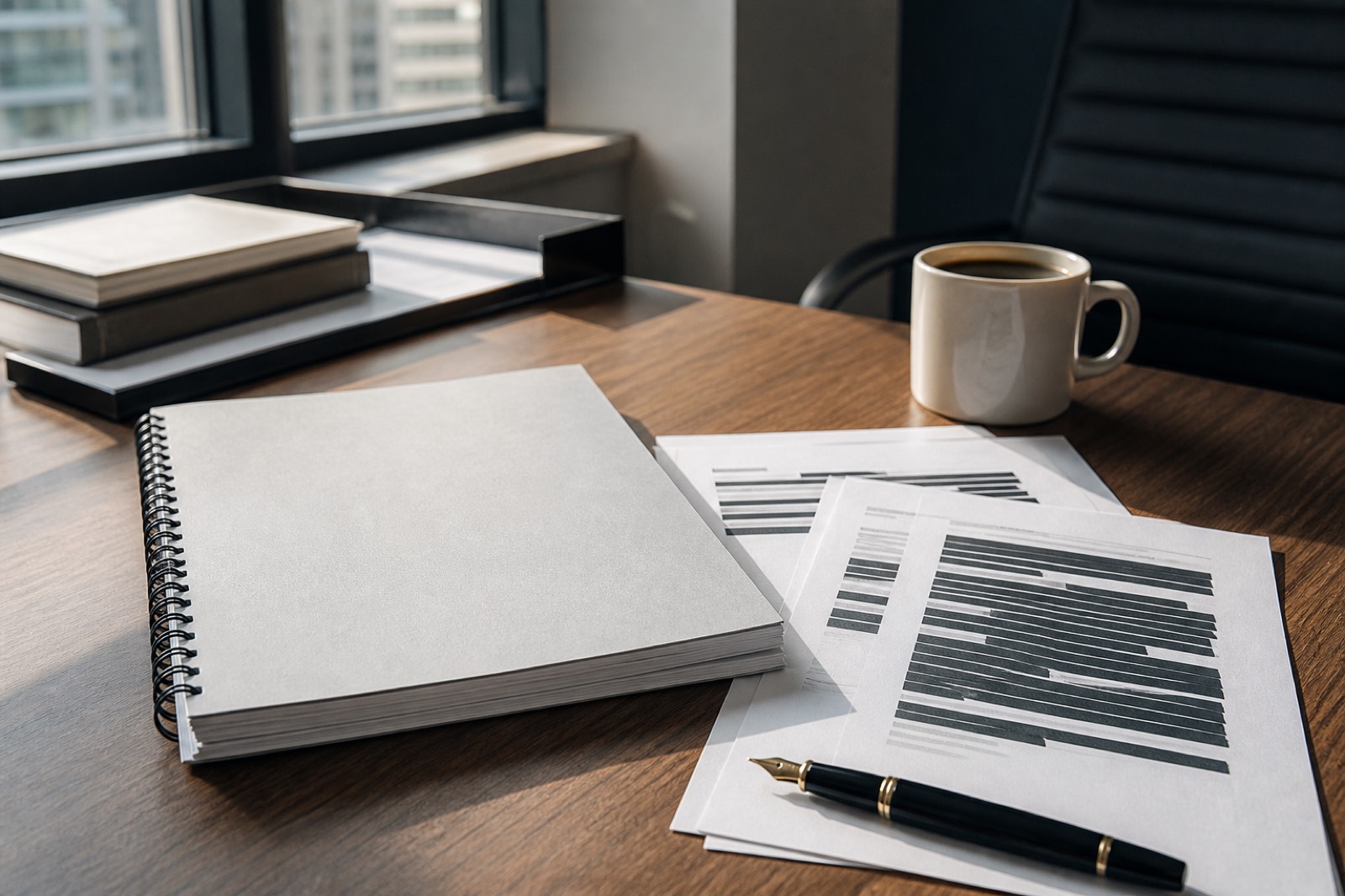 Sell-side materials laid out on a desk during an M&A advisory process