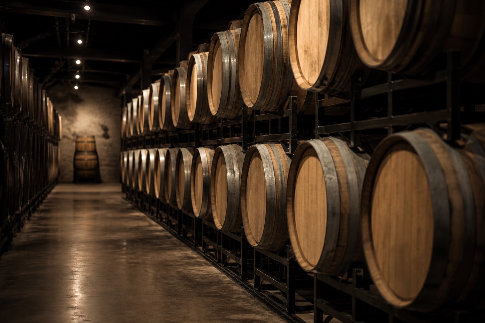 Barrel room with oak barrels, part of the process to sell a winery