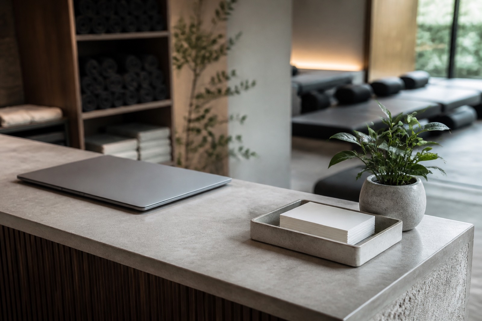 Reception counter with membership cards, a value factor when you sell a yoga studio