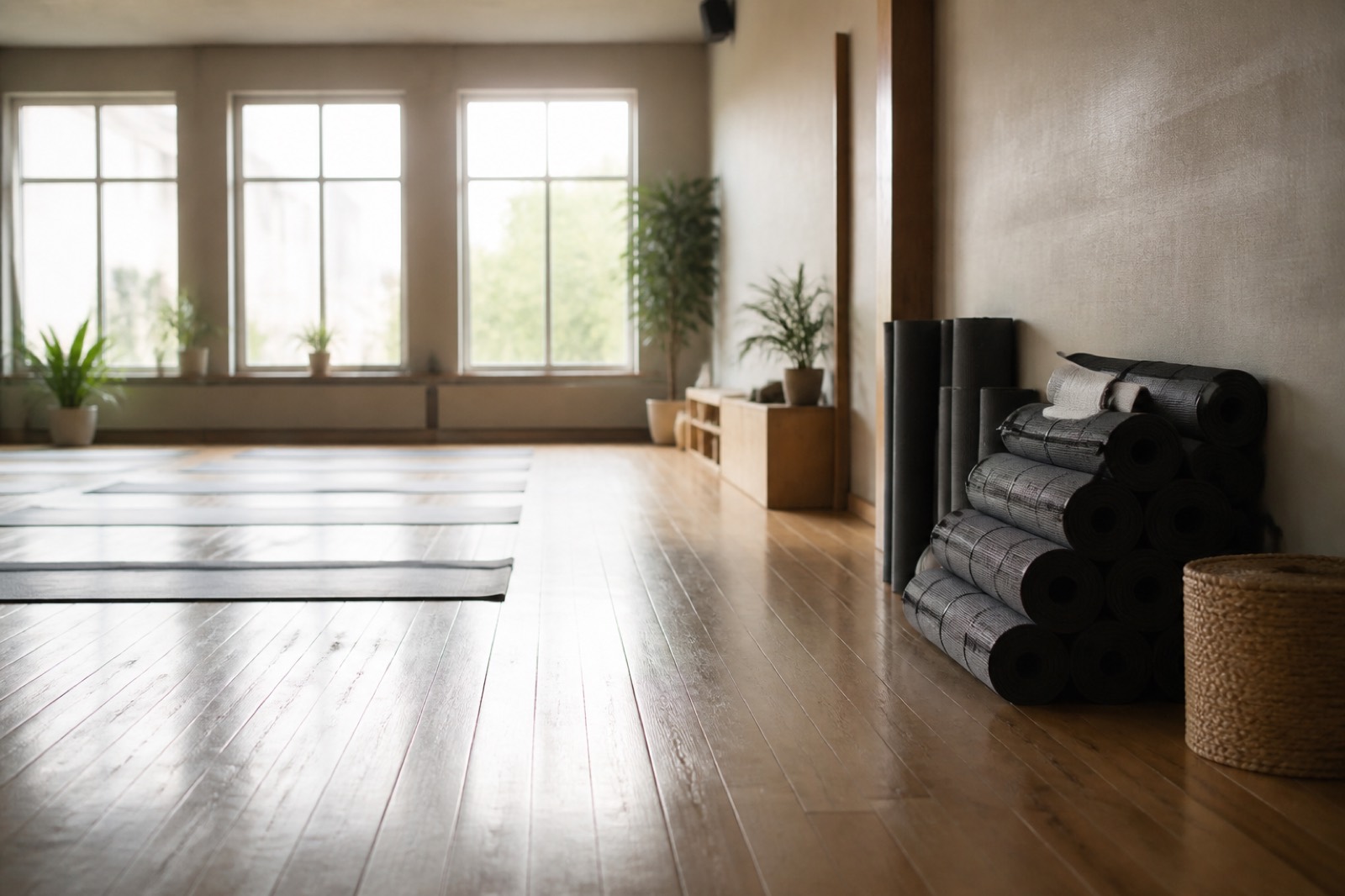 Yoga studio with stacked mats, the kind buyers seek when you sell a yoga studio