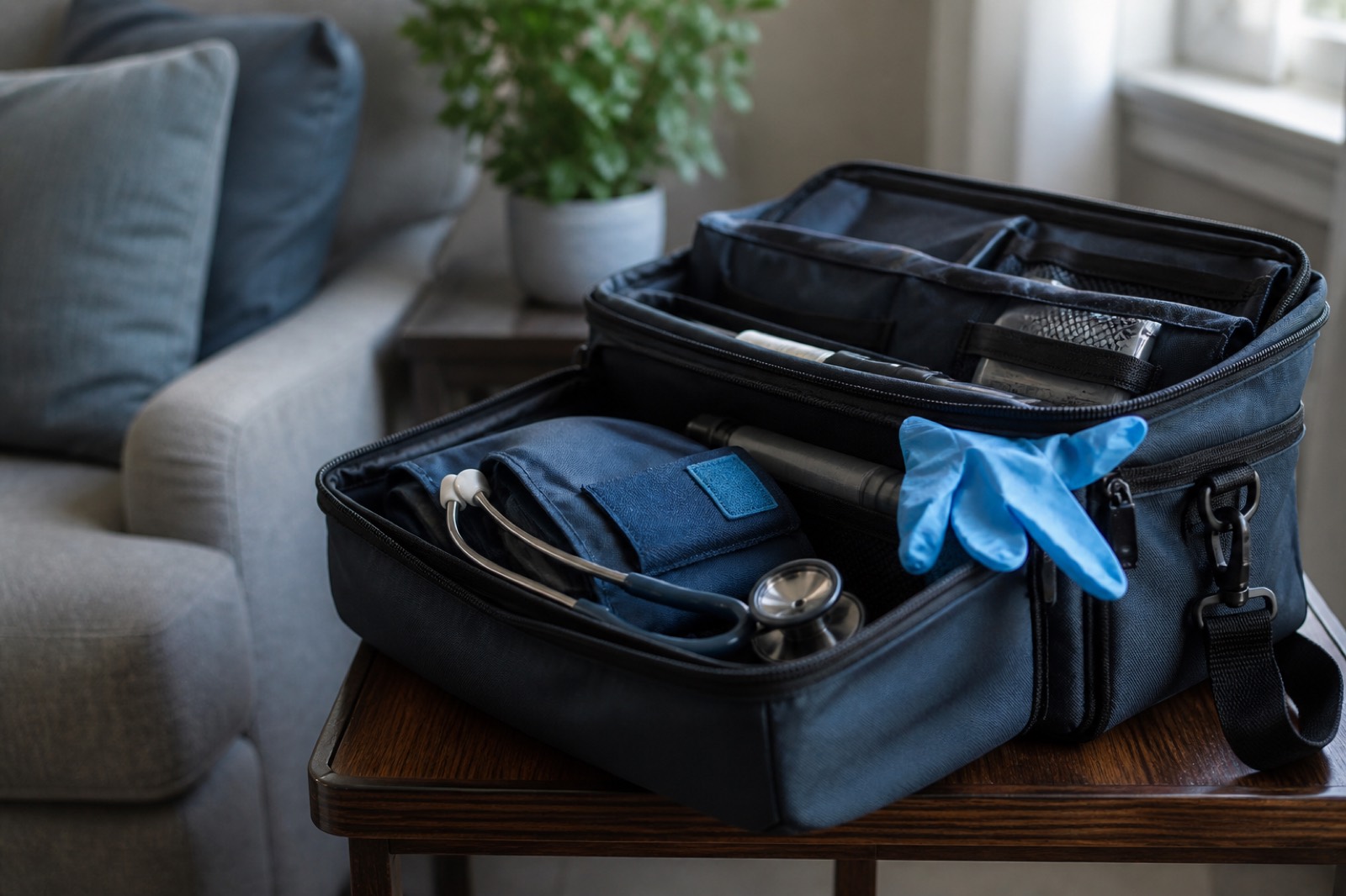 Home health nurse bag with blood pressure cuff and stethoscope