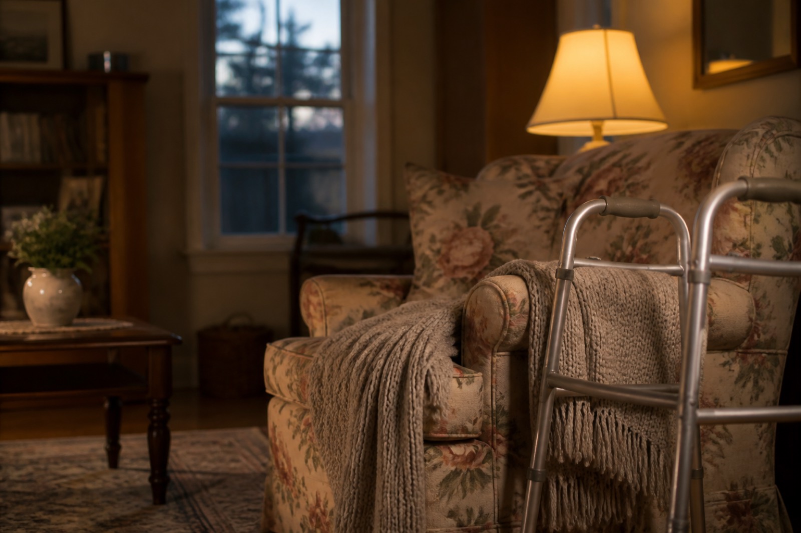 Cozy living room with an armchair and walker for in home senior care