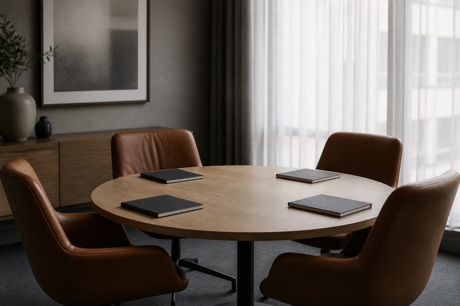 Meeting room with four chairs for comparing types of M&A advisors