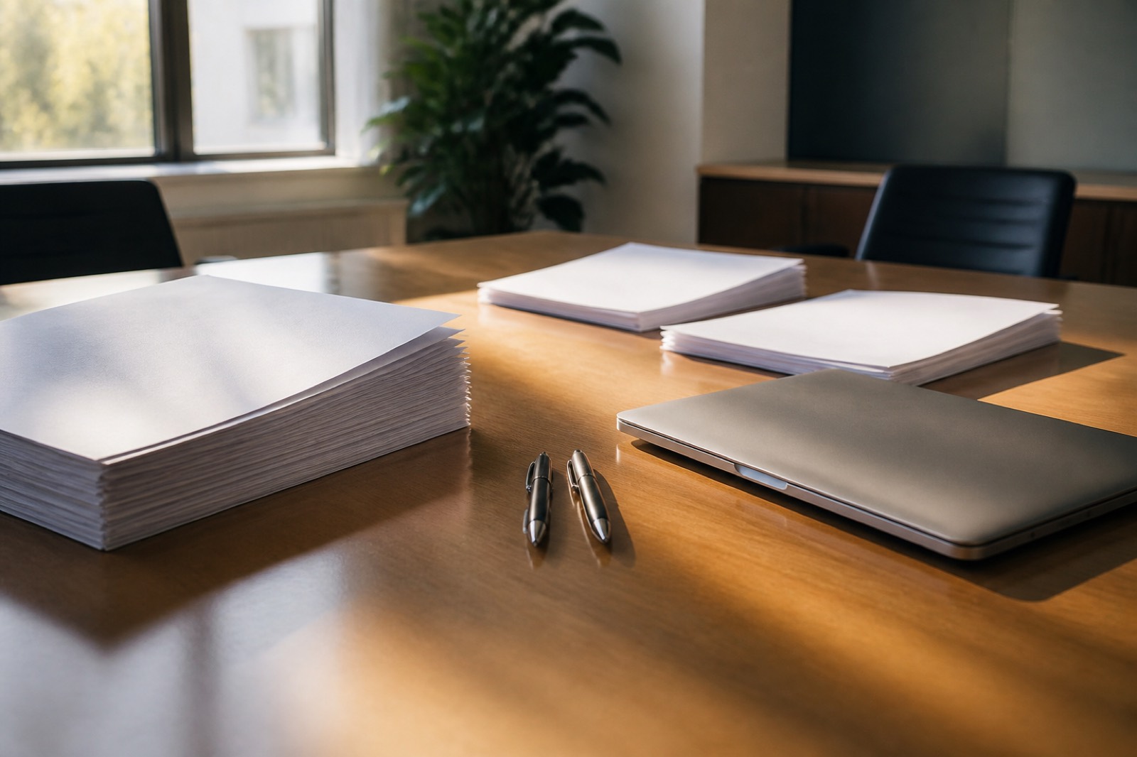 Closing table with documents at the end of a tech services sale process