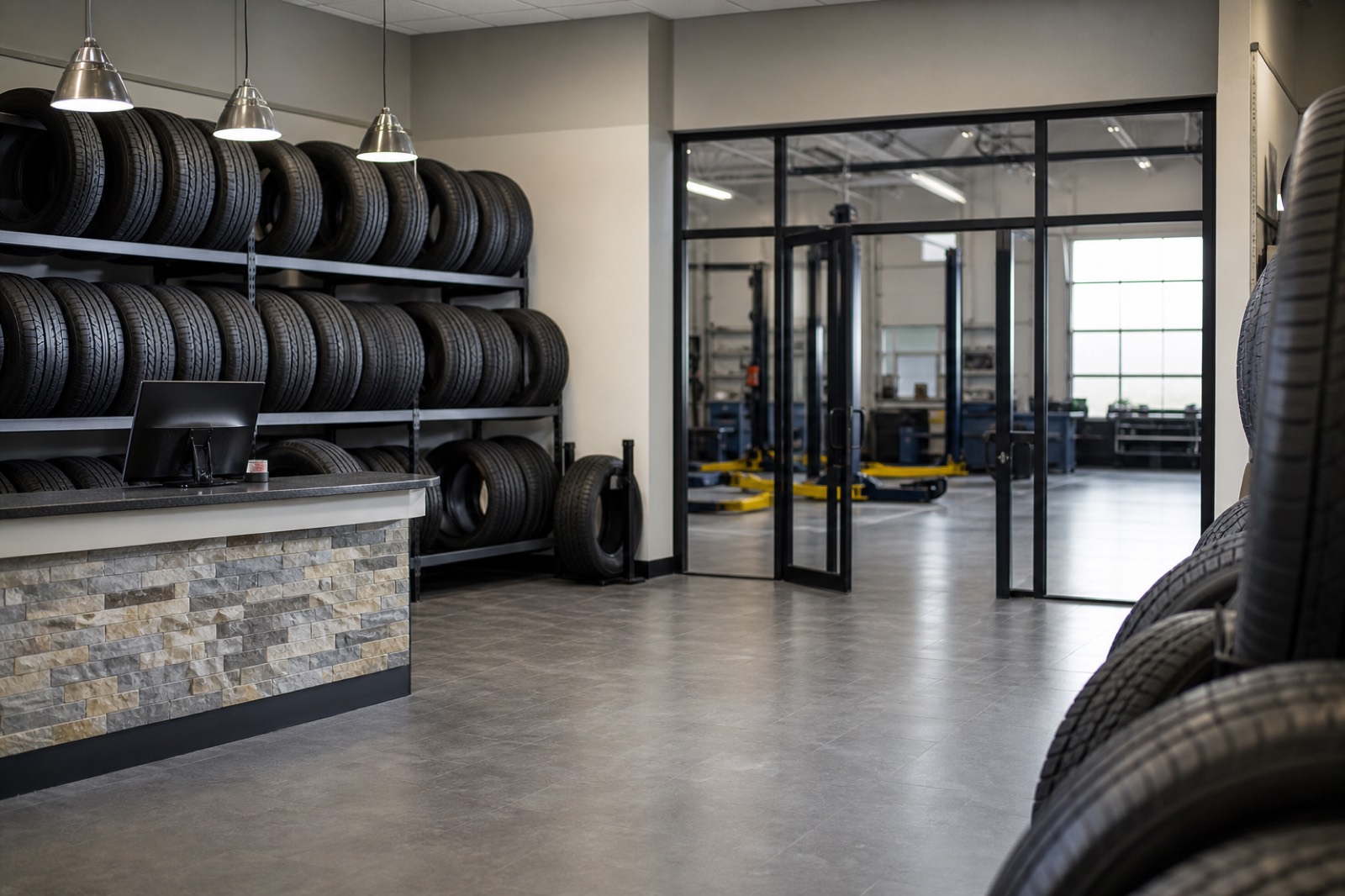 Tire shop showroom and service bays considered in tire shop valuation