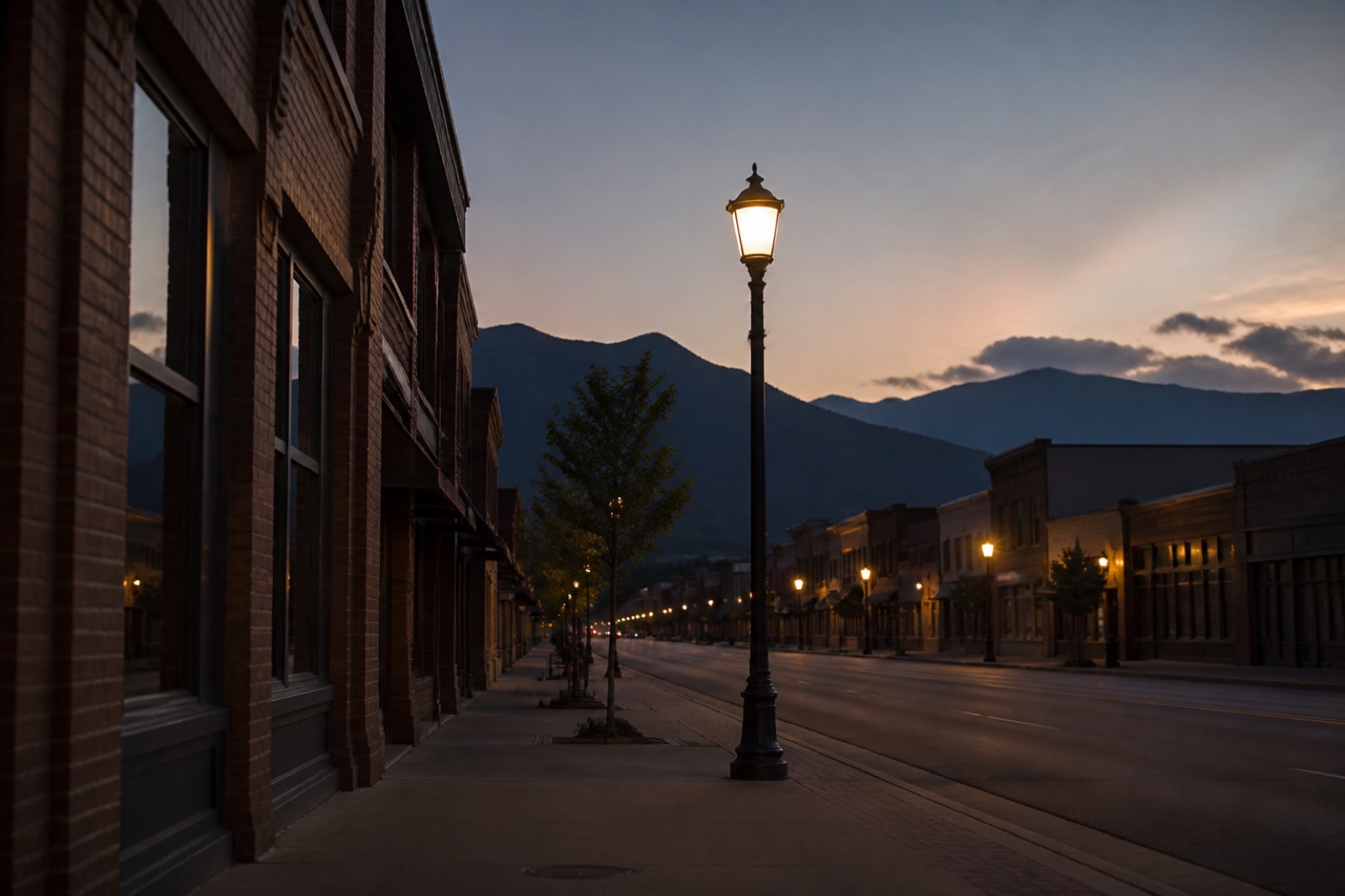 Small city main street at dusk with mountains in the distance