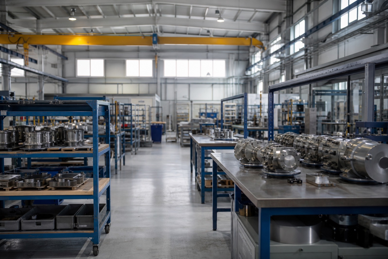 Light manufacturing facility interior with assembly benches and racks