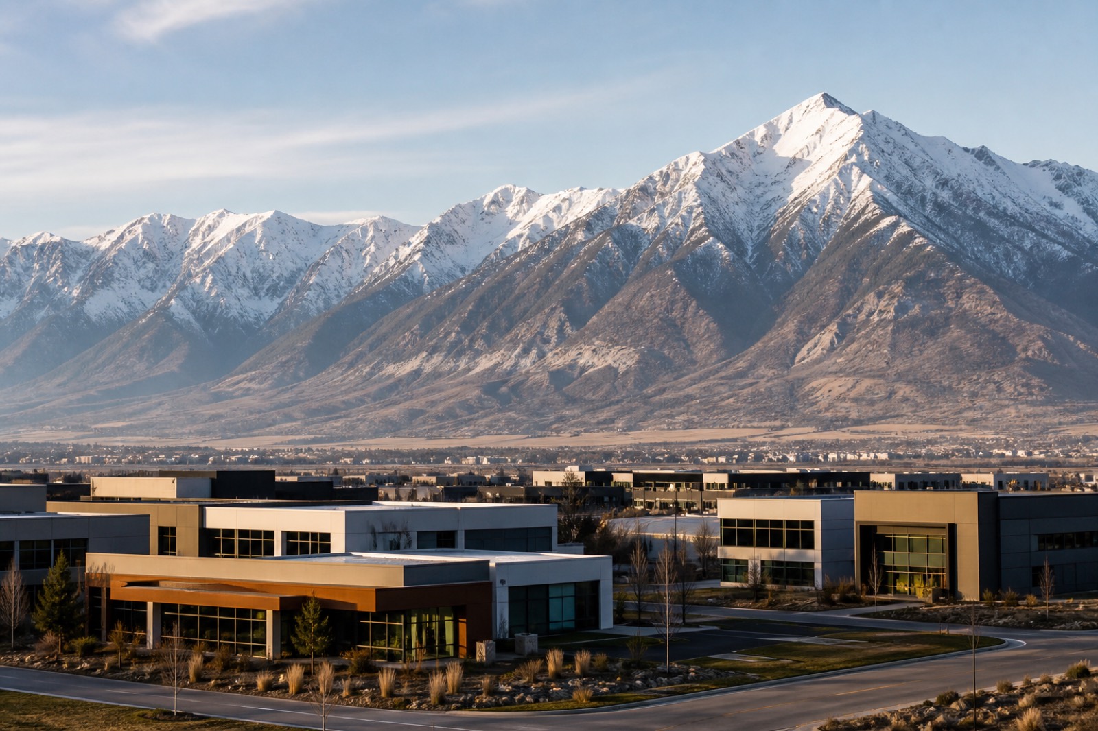 Business park in a mountain valley with snow capped peaks behind