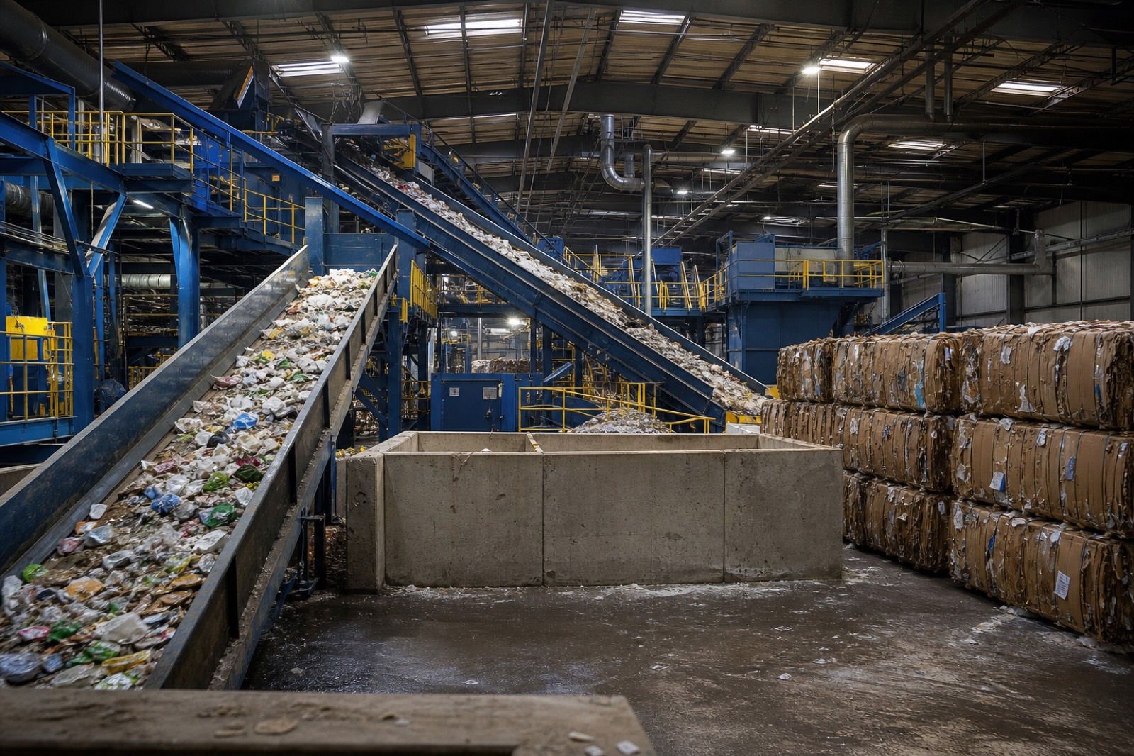 Recycling facility conveyors affecting waste management business valuation multiples