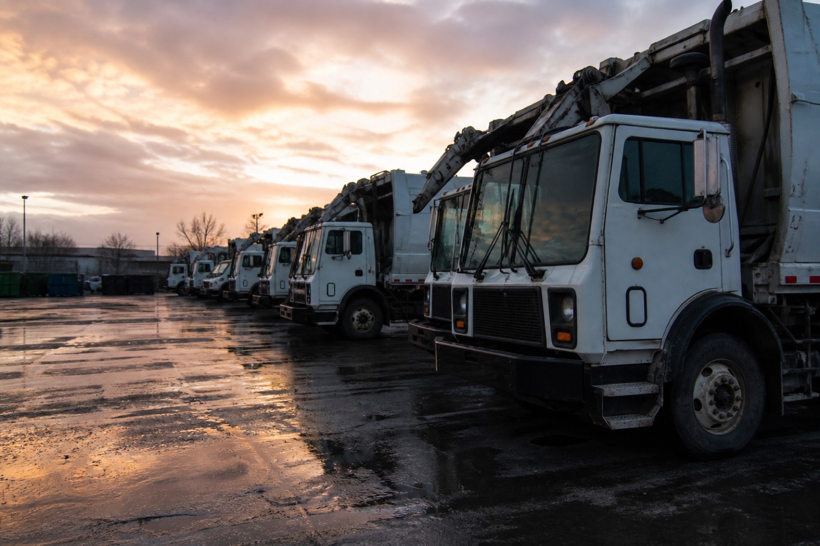 Garbage truck fleet in a yard, the asset base in waste management business valuation multiples
